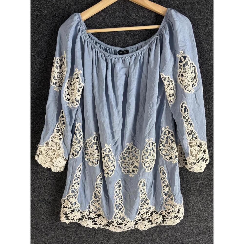 Rue 21 Blouse Women S Small Blue Crochet 3/4 Sleeve Round Neck Pullover Rayon